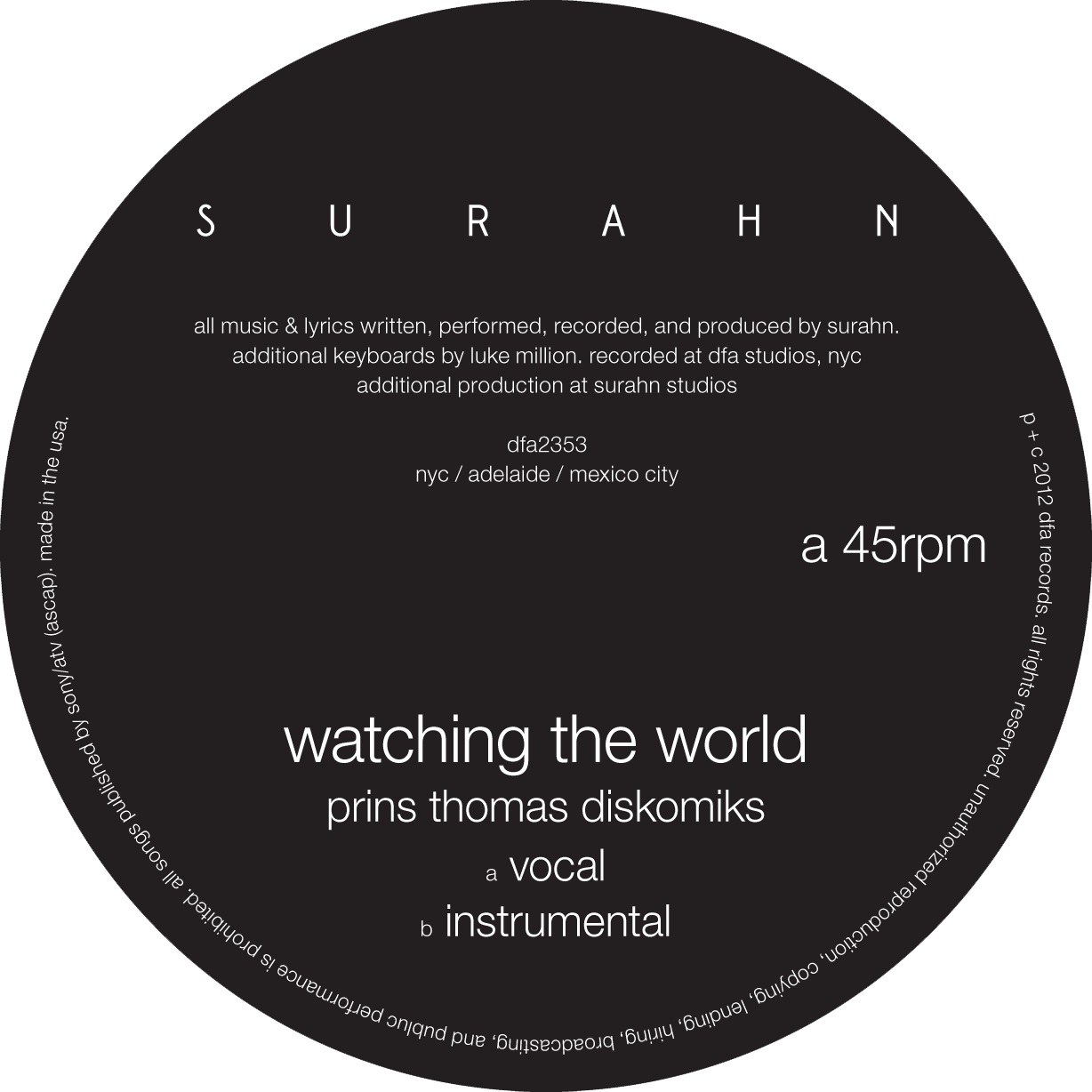 Surahn - Watching The World (Prins Thomas Remix) 12"